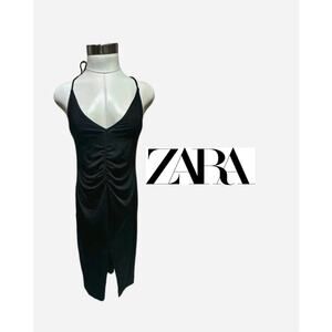Zara Black Ruched Satin Halter Midi Dress NWOT
